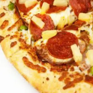 A closeup look at a pizza from the top with white background