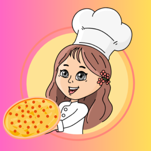 Smiling chef girl holding a pizza.