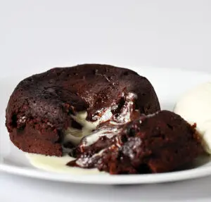 A chocolate lava cake with vanilla ice cream.