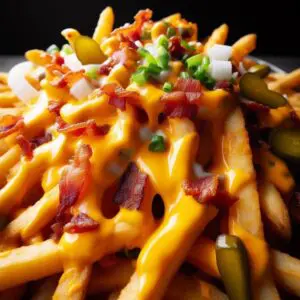 Cheesy fries with bacon and pickles.