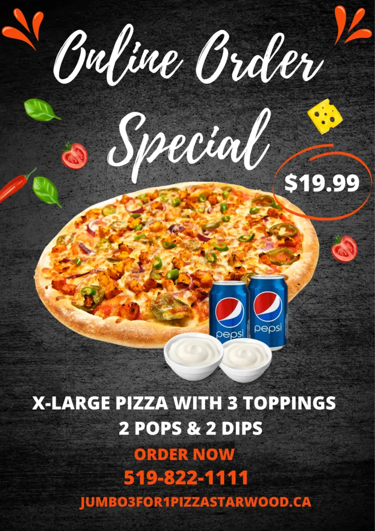 X-large pizza, 3 toppings, 2 pops, 2 dips.